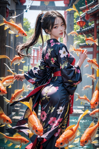 ?????(((tmasterpiece))), ((best qualtiy)), ((intricate and detailed)), ((Ultra-realistic realism)), 4K,1beautiful woman, 25-years old, poneyTail,Ultra-fine yukata,beautiful countenance,Beautiful brown eyes,face perfect,A slender,large full breasts,having a good time, Large fishbowl , Swirling flocks of goldfish, Floating goldfish, Graphic illustration, see fishes swimming,A lot of goldfish, amazing depth, Cutest, Lots of fish balls,Goldfish scooping at a summer festival, (The background is the summer festival of the shrine:1.4), Silver hair, split ponytail, star-shaped pupils, conceptual art, Art Nouveau, Glowing light, nffsw, Textured skin, masutepiece, Anatomically correct, Best Quality, 8K