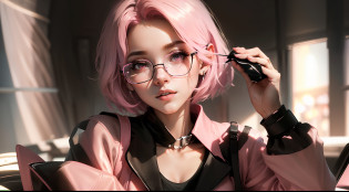 ((masterpiece, best quality)),illustration,ultra detailed 8k,photorealistic,sharp focus,highly detailed,professional,girl, white glasses,short hair, black and pink hair, black long sleeve shirt, pink jacket, black trousers, sexy body, futuristic room,black long sleeve shirt  girl, pink jacket,