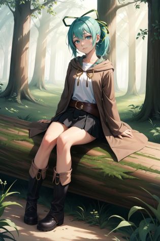masterpiece, best quality, wynn, hair ribbon, brown robe, white shirt, belt, black skirt, boots, looking at viewer, sitting, log, forest, confused, closed mouth <lora:wynn-nvwls-v1-000010:0.9>