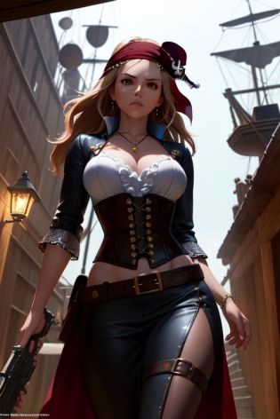 (intricate detailed:1.2), highly detailed, absurd res, perspective, detailed background, background blur, focus, (MILF:1.2), mature woman, a female (pirate:1.25) with a sexy body figure, pirates attributes cloths, (medium breasts:1.2), perfect hands, detailed fingers, beautiful detailed eyes, perfect eyes, seductive eyes, brown eyes, black hair, long hair, hunting, medieval theme, fierce look, dynamic poses, pirate bandana, jewelry, necklace, eye patch, pirate white medieval shirt with ruffle collar and ruffle sleeve, pirate waist sash, corset , leather pants, belt, dark skin, long dress, gun holster, at pirate ship, nightview, (fantasy:1.2), looking at the viewer, dynamic angle shot, from the front, from below, from above, (best quality, high quality:1.2), (masterpiece:1.1), (detailed), anime, illustration, 8k, hdr, cinematic lighting, cinematic bloom, sharp focus, lens flare, ray tracing, reflections, sharp focus, artstation, deviantart, behance, best artists