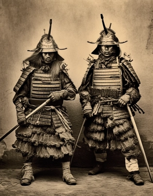 two samurai in armor stand in a black and white picture, in the style of uniformly staged images, in the style of vintage sepia-toned photography, 32k uhd, dark indigo and silver, neo-mosaic, wet plate negatives, edgy political commentary, intricate detail --ar 179:230 --quality 2 --s 750 --v 5. 1