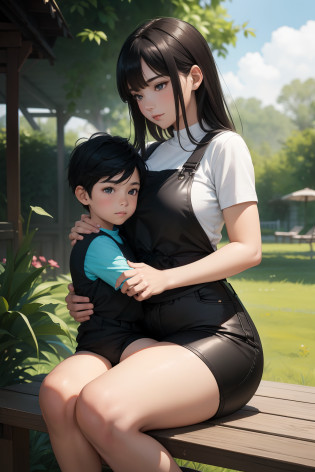 A young boy with overall sitting on his mom's lap, outdoor, the mom wears black shorts, the mom has big medium thighs, shiny skin, illustrations or oil painting style, ultra-detailed, realistic, vibrant colors, natural lighting