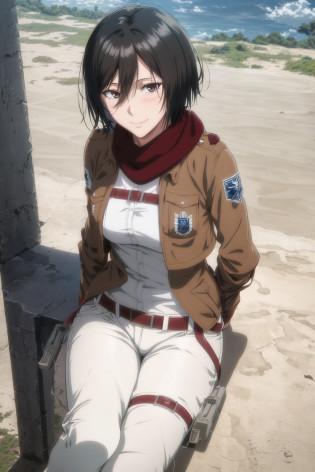 best quality, masterpiece, an extremely delicate and beautiful,1girl, solo,mikasa ackerman,1girl, bangs, black_hair, brown_jacket,   grey_eyes, hair_between_eyes, jacket, long_sleeves, looking_at_viewer, military, blue sky, sea, from above, outdoors, sunny day, military_uniform, paradis_military_uniform, red_scarf, short_hair, posing, thigh_strap, three-dimensional_maneuver_gear,  uniform, white_pants, medium breasts, outdoors,thick thighs, light smile,foreshortening, leaning forward, hands behind back,