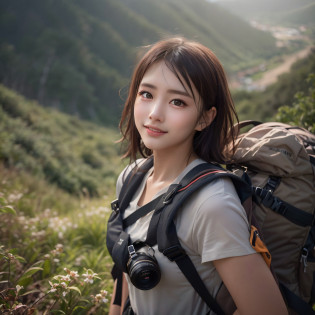 best quality, masterpiece, ultra high res, (photorealistic:1.3), RAW photo, (Naturescape photography), (Magnificent mountain, sea of clouds), (On a very high mountain peak), (sunset), 
(1girl), (upper body), (20 year old), (smile:0.9), (shiny skin), (short hair, dark brown hair), 
(Wearing a gingham check shirt over a white T-shirt), (Trekking shorts), (Carrying a large backpack), 
(ultra detailed face), (ultra Beautiful fece), (ultra detailed eyes), (ultra detailed nose), (ultra detailed mouth), (ultra detailed arms), (ultra detailed body),  Sony ?7, 85mm Lens, f9.0, pan focus