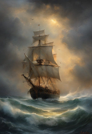 Romanticism, perspective, UHD, masterpiece, best quality,It's a vast ocean?(((dark stormy clouds)))?There is a storm going on here?((Rain cats and dogs))?The monstrous waves rose one after the other?From time to time, a bolt of lightning strikes between heaven and earth?In this unforgiving sea?(((There is a stubborn sailing ship)))?The Great Waves will swallow it up at any moment?But it is undaunted?Still driving in the storm?Sunlight shines through the clouds and shoots several beams?It seems to hint at the arrival of a miracle