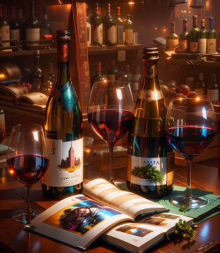 A bottle of wine and a glass of wine are placed on the table?There is a book on it, Wine, photorender, wining, rendering, photo mid shot, high resolution product photo,  high res photograph, Close portrait, enhanced photo, photo - shot, highly detailed composition,  Vista photos, napa, Shooting, a variety of poses?with black background, Wine culture and heritage?cyber punk style