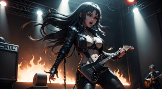 Heavy metal, biker chick with chains and spikes, ferocious expression, powerful female rock star, black leather, dressed in black leather jacket and torn jeans, dark eyeliner and black lipstick, heavy music, fierce woman, standing tall, epic guitar solo, guitar on fire, woman solo electric guitar, female guitarist of metal, woman playing the guitar, electric guitar made of metal, flames on stage, female rocker playing a concert,