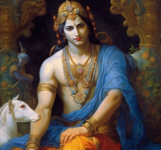 Krishna, Ultra-Wide Angle - Pull the camera very far back from subject, ultra realistic, male, muscular, indian, perfect hands, perfect eyes, perfect face, tow arms, five fingers, perfect hands, sharpen, brilliant colors, show legs, orientalist, intricate, by William Blake Richmond, john william waterhouse, cinematic, hyper realism, dramatic lighting, photo - realistic, high detail, HD, 8K