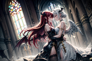 medium wide angle,  image of a beautiful angel and a sexy demon girl, embracing each other inside a church, the angel has white feathers wings and white hair, the demon girl has dark bat wings and red hair, they are happily hugging each other, the image is split into two side, one side is full of golden angelic auras, the other side is filled with dark nether gleam, showcasing a story of forbidden love