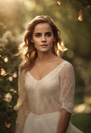 Emma Watson (best quality,4k,highres,masterpiece:1.2),ultra-detailed,realistic:1.37,Emma Watson wet translucent long T-shirt,beautiful detailed eyes,beautiful detailed lips,extremely detailed eyes and face,long eyelashes,gorgeous appearance,fresh and vibrant,shimmering droplets on the T-shirt,clear reflection on the wet texture,slightly flushed cheeks,eyebrows neatly shaped,natural flowing hair,wet strands clinging to the cheeks and neck,confident and playful expression,in a lush garden surrounded by blooming flowers,golden sunlight spilling through the leaves,soft and dreamy atmosphere,lush green grass and vibrant foliage,gentle breeze blowing through the garden,sparkling water droplets on the flower petals,butterflies fluttering around,bringing a touch of magic and elegance to the scene,colours: soft pastel tones with a hint of warmth and brightness,illuminated by the sunlight from above,creating a subtle glow on the skin,directing the viewer's focus to Emma's enchanting beauty,artistic style:photography,highlighting the natural elegance and allure of the subject,lighting:soft and diffused,emphasizing the delicate features and gentle emotions of Emma Watson,wisps of sunlight filtering through the trees,casting subtle shadows and adding depth to the composition.