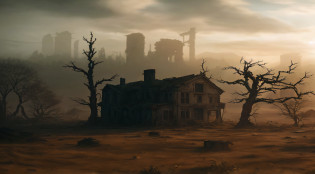 Casa Arafed em um campo com uma cidade ao fundo, post apocalyptic landscape, post apocalyptic scene, post apocalyptic atmosphere, post apocalyptic view, scenic dystopian environment, post apocalyptic scenario, dark ruins landscape, foggy dystopian world, post - apocalyptic wasteland, apocalypse with vegetation, in a post-apocalyptic wasteland, in a dystopian landscape, apocalyptic landscape, apocalyptic scenery