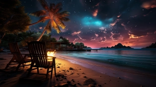 rainbow fireworks in the sky over a tropical beach, a photo-realistic image global illumination, extreme angle, canon 7d, 300 mm, F/5. 6 --ar 16:9 --s 1000 --v 5. 2