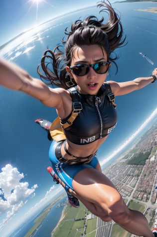 arafed woman in a bikini top and sunglasses is flying through the air, taken on go pro hero8, shot on gopro9, skydiving, gopro footage, gopro shot of the hell, gopro photo, shot with a gopro, extreme low angle shot, flying towards the camera, gopro shot, high quality action photography, low - angle go - pro view