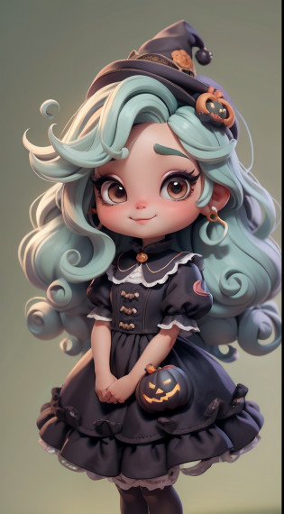 Create a series of cute chibi afro dread's style dolls with a cute halloween theme, each with lots of detail and in an 8K resolution. All dolls should follow the same solid background pattern and be complete in the image, mostrando o (corpo inteiro, incluindo as pernas: 1.5)

Boneca Mini halloween: Chame-a de Marina. Ela deve ter cabelo pequeno em tom multicolorido. Seus olhos devem ser grandes e expressivos, with long eyelashes and rosy cheeks. Sorriso delicado e branco. Marina deve estar vestida de vestido, an ornate hat. She should bring halloween accessories. Certifique-se de adicionar detalhes nas roupas, such as buttons and pockets, sapato bonito

Certifique-se de adicionar sombras, texturas e detalhes nos cabelos, roupas, Halloween utensils, to make them even more adorable and charming.