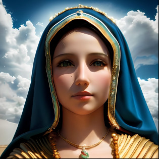 realistic image of our lady, wearing a tunic and a blue and gold veil, Queen of Heaven, Portrait of the Virgin Mary, Magestinous Holy Woman, Virgin Mary, 3D portrait, Detailed portrait of a saint, An impressive portrait of a goddess, Catholic religious art, Portrait of religious masterpiece,