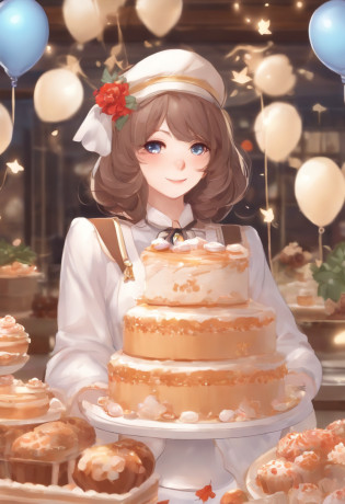 Anime Girl with cake and balloons in the background, a pastel inspired by Takehisa Yumeji, pixiv, Mingei, Maplestory, Maplestory Mouse, Art des personnages de Maple Story, from the azur lane videogame, The history of maple, Boulangerie Fantasy, ? mignon, ayaka genshin impact, Azur Lane Style, Maple History Style
