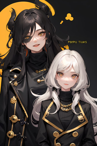 1woman and 1man, ((two people)), long wavy hair, swept bangs, golden eyes, fake smile, unnerving smile, black turtleneck, pirate coat, dark sky, pretty eyes