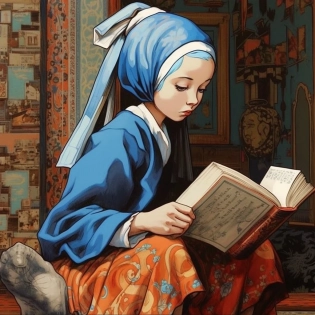 Cartoon version of "Girl with a Pearl Earring" reading a book in the style of Skottie Young and ukiyo-e