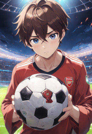 soccer ball?Arsenal?brunette color hair?younge boy?High quality paintings?The character is centered?Close-up of people