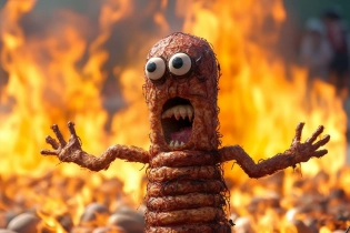 masterpiece, sausage monster from the barbecue, BBQ, burning, people run out BBQ, confused, chaos scene, classified photo, top secret, extremely detailled, intricated details, photo take with Helios 44-2, f/2. 8 GM2, --ar 3:2 --v 5. 1 --s 250