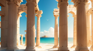 Doorway to the beach with pillars and sea view, Vast sky and sea, Very dazzling sunlight?greek-esque columns and ruins, arches adorned pillars, archs and columns, marble columns in background, pillars and arches, egyptian environment, Roman columns, greek setting, Greek temple, adorned pillars, ancient greek temple ruins, ancient greek temple, Greek temple background, greek architecture