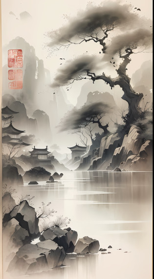 ink and watercolor painting?Draw on rice paper?Use thick and light ink to create light and dark variations and layers?Pick the right ink color?Such as deep black?Thick gray?Light coffee, etc?to express different situations and atmospheres?Control the gradient and transition of ink color by the humidity and consistency of the ink?mont?Eau?the trees?Lake surface?Small broken boat?Bleak, Desolate, Solitude?Black and white tones?dead tree? Traditional Chinese Ink Painting, Traditional Chinese art, author?Guo Xi, author?Ma Yuanyu, Traditional Chinese painting, author?Xu Xi, author?Luo Mu, author?Yang Buzhi, author?Li Kelan, author?Gu An, Ink painting ) ) ) ), Chinese ink painting, Chinese painting style