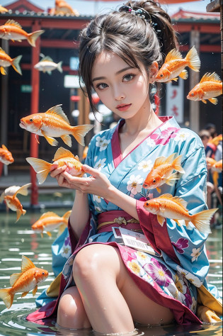 ?????(((tmasterpiece))), ((best qualtiy)), ((intricate and detailed)), ((Ultra-realistic realism)), 4K,1beautiful woman, 25-years old, poneyTail,Ultra-fine yukata,A slender,large full breasts,having a good time, Large fishbowl , Swirling flocks of goldfish, Floating goldfish, Graphic illustration, see fishes swimming,A lot of goldfish, amazing depth, Cutest, Lots of fish balls,Goldfish scooping at a summer festival, (The background is the summer festival of the shrine:1.4), Silver hair, split ponytail, star-shaped pupils, conceptual art, Art Nouveau, Glowing light, nffsw, Textured skin, masutepiece, Anatomically correct, Best Quality, 8K,(((Perfect Anatomy))),perfect hand,Perfect fingers,