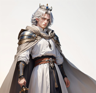 A painting of a man wearing a crown and a cloak holding a sword, wearing a crown and cape, with an armor and a crown, quirky king of faes ( com longo, Wearing the king's cloak, The man with the crown, with a spine crown, wears a light grey crown, sqare-jawed in medieval clothing?Handsome face with resolute eyes?A young king of about twenty years old?photorealestic?solid