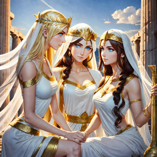 (three close goddesses) are chatting happily in an ancient Greek temple, 