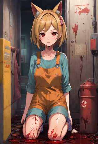 dirty scene of female serial killer catgirl with two cat ears in brightly-lit warehouse in realistic style, close portrait shot of feminine neglected senior woman with cat ears in a bloodied blood-covered poop-smeared poop-stained white shirt standing in a well-lit room, working clothes, work clothes, her clothes are torn and dirty, wearing dirty overalls, grease-stained work clothes, (dirty), poop-smears, rust stains, working woman mechanic, stained coveralls, portrait shot torso and up, bodily neglect, homeless filth, eye-level shot, in the rusty and bloody style of the playstation 2 video game silent hill 3, scary dirty, hard work, greasy hands, soot, sooty, silent hill aesthetic, resident evil aesthetic, (brightly lit garage), unclean, bodily neglect, murder scene, serial killer, bathed in blood, blood blood blood blood blood, realistic poop-smeared, soaked in blood, clothes covered in poop, catgirl from the playstation 3 silent hill,
