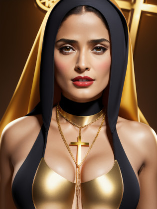 Salma Hayek, ginger hair,(stylish bob haircut), (natural big breasts), wearing ((warrior nun), superhero tight suit)1.2, (cleavage with gold Christian-cross necklace between natural boobs)1.4, (red lips lipstick), Realistic, perfect lighting, hyper realistic