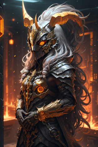 SH4g0d?
Girl shaman, long silver hair, golden eyes, wearing mask made of black metal, portrait, standing in an S-shape, small orange ring,