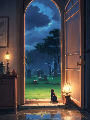no people, no person, no human, inside room, lamp light, window view of graveyard at night, rain, night, cemetery, storm, storming, dramatic clouds, absurdres, high res, ultrasharp, 8K, masterpiece, blurry foreground, cat sitting on window seal, cat staring out window, view of cat from behind