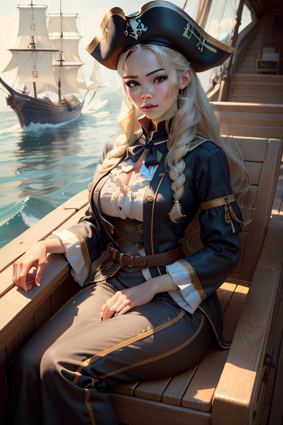Portrait of a sailor woman in the pirate era??masterpiece, top-quality, hightquality, hight resolution?Beautiful expression?(Lifelike face)?realisticeyes?beatiful detailed eyes?real looking skin?Beautiful skins?A hyper-realistic?ighly detailed?((full-body view))?Meet Captain Isabella, Fearless Pirate Queen, Immerse yourself in an elegant and functional ensemble?A captivating touch. She is confident on the deck of her ship, When you set off for an unknown horizon. ?masterpiece, top-quality, hightquality, hight resolution?