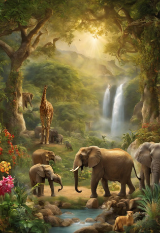 blessing Adam and Eve in the Garden of Eden, surrounded by animals and plants from all over the world. Adam and Eve are shown standing in the center of the image, facing God. God is standing above them, with His hands raised in blessing. Around Adam and Eve are a variety of animals, including lions, tigers, bears, elephants, giraffes, birds, and fish. There are also a variety of plants, including trees, flowers, and fruits. The overall mood of the painting is one of peace, abundance, and harmony.