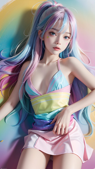 ?Pink fashion T-shirt?1.9???Colorful hair?1.8???Rainbow all colors?1.8??????Vertical painting?1.6)????painting of a?1.6??frontage?comic strip,illustration,painting of a,largeeyes,crystal-clear,?rainbow color gradient high ponytail?1.7?,Delicatemakeup,Keep one's mouth shut,(Small Fresh:1.5),(mediuml breasts:1.6),long eyelasher,Rainbow color skirt?Rainbow color skirt?full bodyesbian?long leges?full bodyesbian?long leges?looking at viewert?watery big eyes?(rainbow colour hair?1.6), color splash, ?solo?1.8?, color splash, color explosion, colour splash, color explosion, Thick lacquer style?Messy lines?((shining)) ?(colorful), (colorful), (colorful), colorful, Thick Paint Style, (Splash) (Color Splash), Vertical Painting, Upper Body, Paint Splash, Acrylic Pigment, Gradient, Paint, Highest Image Quality, Highest image quality, Masterpiece, Solo, Depth of Field, Face Paint, colorful clothes, (ellegance: 1.2), opulent, long whitr hair, ventania, (ellegance: 1.3), (petals: 1.4)?(((masterpiece))),(((Best quality at best))),((ultra�-�detailed)),(illustratio),(dynamic�angle),((floatking)),(Paintwork),((Loose hair)),(solo),(1girl) , (( (Detailed anima face))),((Beautiful detailed face)),collars,exposed bare shoulders,whaite hair,((The color hair)),((Striped hair)),Beautiful detailed eyes,(Gradient color eyes),(( ?Colored eyes???????coloured background???????high saturated???????Surrounded by colorful splashes????Naked of breast?Naked of breast?mediuml breasts?Large breasts