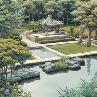 Realistic garden landscape design?Suzhou garden style?Small pavilion?pools of water?rockery