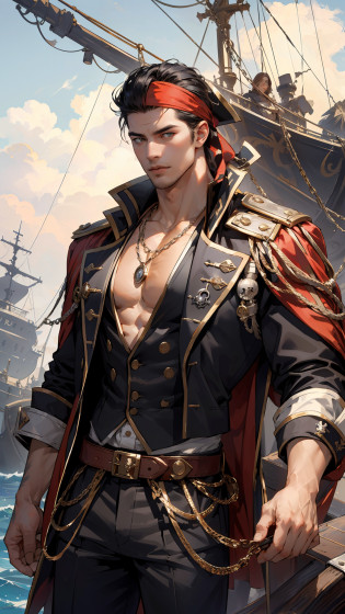 (masterpiece, top quality, high resolution), 1male, ((pirates)), (hunky, handsome man, extremely handsome, ridiculously handsome, attractive man, strong masculine features), (shirtless, undressed, Open chest), (big muscle, big chest, abs), (wearing a necklace, pirates suit), sfw, ship at the background