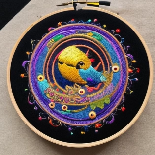 embroidered circle with hummingbird iridescent on black background and a lot of texture, frontal view, neon contrast colors, embroidery style