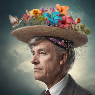 In a beautiful surreal portrait, An inquisitive man appears wearing a hat decorated with flowers on his head. The image is a true surrealist digital work of art, Inspired by the magical work of Maxim Verekhin. Every detail of the illustration is impressive, With vivid colors and captivating textures that catch the viewer's eye. The portrait captures the essence of the flower storm, Emotional blend of fantastic and natural elements. Through photographic manipulation and surrealist techniques, Portraits come to life, Beyond the boundaries of reality?Take the audience into a universe of imagination and wonder. Style refers to the influence of Alexander Jansson, In a magical dreamlike atmosphere, Where Surrealism and Fantasy Meet. Each digital brush stroke is?Carefully crafted to convey unique and captivating beauty. Inspired by Alberto Seveso, The depiction of surrealism is?Lively with fluid strokes, Remembering the dance of movement and transformation. This beautiful digital art is?It is a celebration of human creativity and the ability to transcend the boundaries of reality, Invites viewers to immerse themselves in a world of imagination and enchantment.