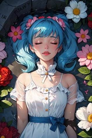 Melanie Martinez, They're carving my name in the grave, again, The flowers are fresh and their faces wet, My body has died but I'm still alive, Look over your shoulder, I'm back from the dead, closed eyes,