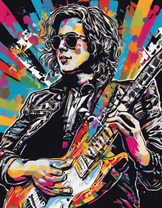 banda de Rock. guitarrista blanco, delgado, cabello negro y muy largo, apasioado con su guitarra electrica de color blanco y negro. Tocando en un escenario profesional con luces, niebla, pantallas y pirotecnia. super realista , iluminacion profesional,