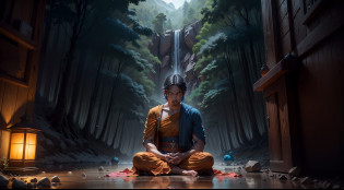 4 men Buddhist monk dressed as orange monks sitting on the ground in meditation position in a beautiful forest, montanhas, river and birds, raios de sol brilhantes no fundo, deslumbrante, emaranhado(tiro escuro: 1.4), 80mm, (tiro escuro: 1.4), 80mm, Epic realistic,, Paul Gauguin, van Gogh, arte de Greg Rutkowski e artgerm, soft  Cinematic Light, Adobe Lightroom, Photolab, HDR, intrincado, altamente detalhado, (profundidade de campo: 1.4), (foto escura:1.22), cores neutras, (hdr:1.4), (cores silenciadas:1.4), (intrincada), (artstation:1.2), detalhes hiperdetalhados, Dramatic, intrincados, (technicolor:0.9), (rutkowski:0.8), cinemactic, detalhado, luz suave, sharper, exposure blending, medium shot, bokeh, (hdr:1.4), alto contraste, (cinemactic, azul-marinho e laranja:0.85), (cores silenciadas, cores fracas, tons calmantes:1.3), low saturation, (hiperdetalhada: 1.2), (noir:0.4), luz suave, sharper, exposure blending, medium shot, bokeh, (hdr:1.4), alto contraste, (cinemactic, azul-marinho e laranja:0.85), (cores suaves, cores fracas, tons suaves:1.3), low saturation, (hiperdetalhado:1.2), (noir:0.4), (detalhes intrincados:1.12), hdr, (detalhes intrincados, hiperdetalhados:1.15)