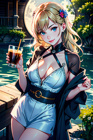 There is a woman holding a cup and smiling at the camera, Anne Hathaway, charlie bowater, A slight smil, chilled out smirk on face, drinking a cup of coffee, high quality portrait, Drinking coffee, cute slightly nerdy smile, drinking a coffee, dramatic smirk pose, self - satisfied smirk, Young beautiful Abrant 1 girl? themoon? lanterns? late? ???big cleavage breasts? hair adornments? wading? Eau? Hair flowers? florals? exteriors? Skysky? moon full? Sateen? brunette color hair? Not shoulders? mont? ??clouds? halter? obi strip?standing on your feet? White color blouse? nigh sky?blond hairbl?White shirt belt? By bangs? The tree? From the side Side? Reflectors? mostly cloudy sky???tmasterpiece???Very detailed CG unity 8k wallpaper??best qualtiy?????1girl?cinmatic lighting?detailed back ground?beatiful detailed eyes?Bright pupils??very fine and beautiful???Beautiful and detailed eye description??ultra�-�detailed?tmasterpiece????There is a woman holding a cup and smiling at the camera, Anne Hathaway, charlie bowater, A slight smil, chilled out smirk on face, drinking a cup of coffee, high quality portrait, Drinking coffee, cute slightly nerdy smile, drinking a coffee, dramatic smirk pose, self - satisfied smirk, young beautiful amouranth