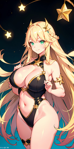 1girl, bright, blonde, long hair, star motif, multicolored hair, green eyes saleme, head mask, side light, light particles, wallpaper, big, plump, plump, idol, swimsuit, loose, fluffy, quiet, smile, gentle, clear, sexy