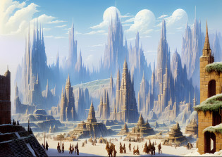 painting of a fantasy city with a castle and a lot of people, by Rodney Matthews, by Ted Nasmith, by Bob Eggleton, ancient yet futuristic, ancient science fiction art, ice city in 2 0 8 0, wayne douglas barlowe, wayne - barlowe, inspired by Rodney Matthews, inspired by Bob Eggleton, wide angle. wayne barlowe