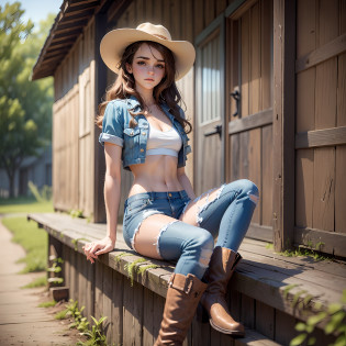 teen emma watson sitting on the barn. slender and perfect figure. tight denim shorts. crop top. freckles, beautiful face. sparkly skin. sparkly eyes. masterpiece, intricate detail. cowboy hat. boots.