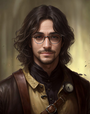 There's a man with glasses and a leather jacket, Retrato de Harry Potter, Retrato de Harry Potter, fantasy genre portrait, retrato masculino da fantasia, Retrato masculino steampunk, retrato detalhado do caractere, retrato do personagem da fantasia, Retrato de fin wildcloak, retrato da arte do personagem, RPG retrato arte conceitual, Retrato de um jovem mago elfo, arte de fantasia hiperrealista, retrato da arte do conceito do personagem, (Short Beard with Goatee on his face), ((((frown lines apparent on the forehead)))), ((smile with teeth showing)), (((26 years old))), (((porous and imperfect skin))), ((protruding superciliary arcade)), ((hyper realistic skin))