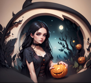 Hay una mujer sosteniendo una calabaza en una escena de Halloween, Estilo de arte de Halloween, Obras de arte al estilo de Guweiz, Fantasy art style, Neoartcore y Charlie Bowater, charlie bowater art style, Retrato de una joven bruja, digital anime illustration, dark fantasy style art, Lindo arte digital detallado, Awesome Digital Illustration, beautiful digital illustration