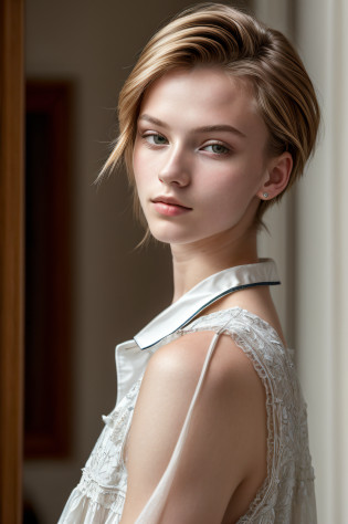 (masterpiece, photorealistic, raw,:1.4), (extremely intricate:1.2), close up, cinematic light, sidelighting, ultra high res, best shadow, RAW, an androgynous young person in a room, androgynous person, with short hair, androgynous face, portrait androgynous girl, androgynous, 18 years old, delicate androgynous prince, anastasia ovchinnikova, around 19 years old, moleksandra shchaslyva, wearing frock,